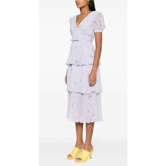 SELF-PORTRAIT‎ Belted pleated Floral Print Chiffon Midi Dress Size 12 NWT - Picture 2 of 12